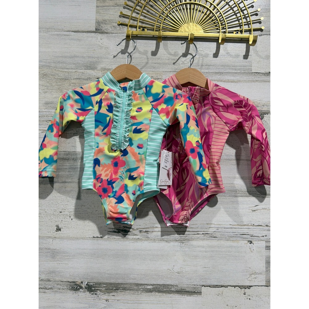 Jessica Simpson Rash Guard Girls 12M Mint Pink Floral Tropical‎ Bundle